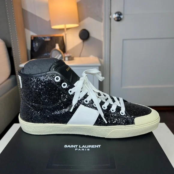Saint Laurent Black Glittered SL/37 Court Classic Sneakers Size 8